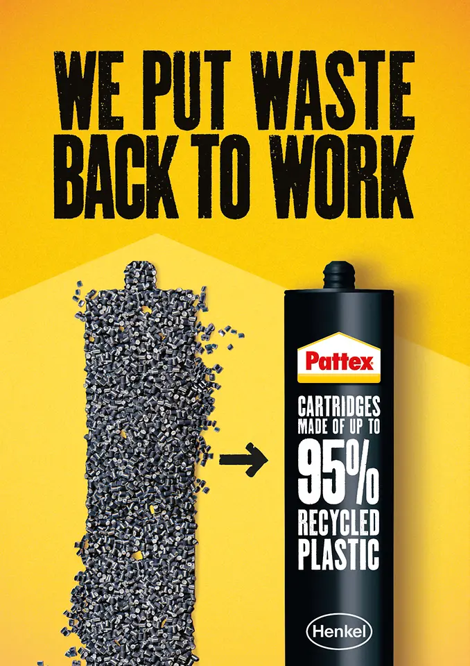 
Henkel relaunches its bonding and sealing portfolio which are marketed under well-known brands such as Pattex (picture), Rubson, Sista, Ceresit and Unibond with recycled cartridges across Europe.